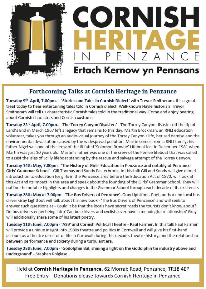 Bewnans Kernow  (Cornish Heritage in Penzance) Programme to June 2024