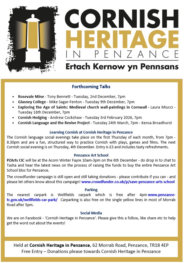 Bewnans Kernow - Forthcoming Events at Cornish Heritage in Penzance